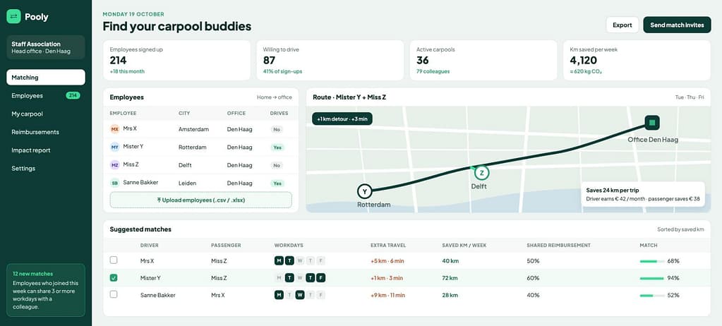 Mockup carpoolapp met medewerkerslijst, route op de kaart en voorgestelde matches