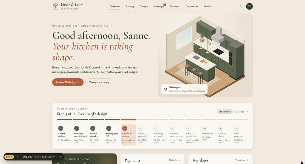 Mockup klantportaal voor een keukenatelier met ordertraject