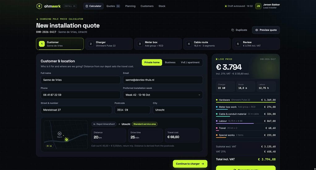 Mockup prijscalculator voor laadpaalinstallaties met live offerteprijs