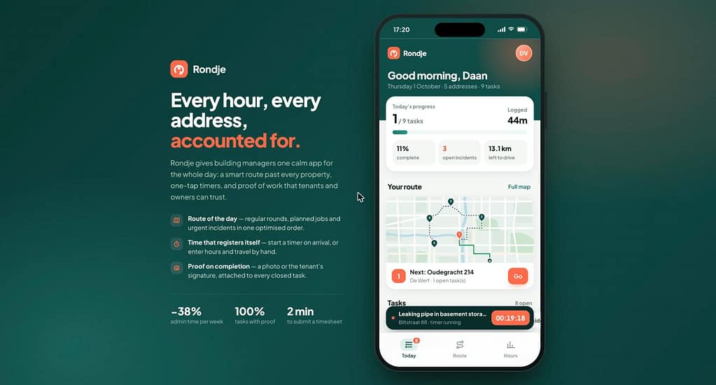 Mockup urenregistratie-app voor gebouwbeheerders met route en takenlijst